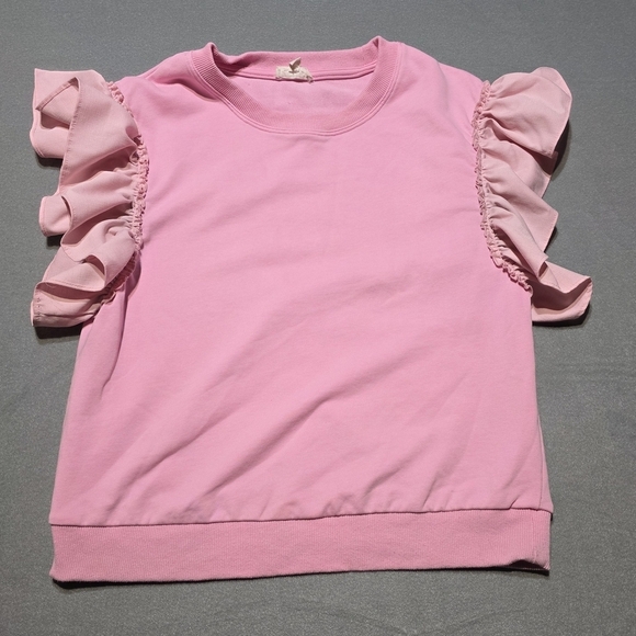 Ott Tops - OTT Women's Pink Ruffle Sleeve Top Size Large EUC PTP 20